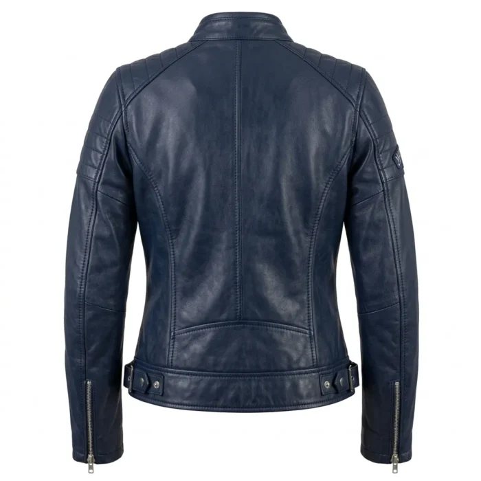 Iconic Women's Navy Blue Leather Moto Jacket Blackstone Jackets Back View