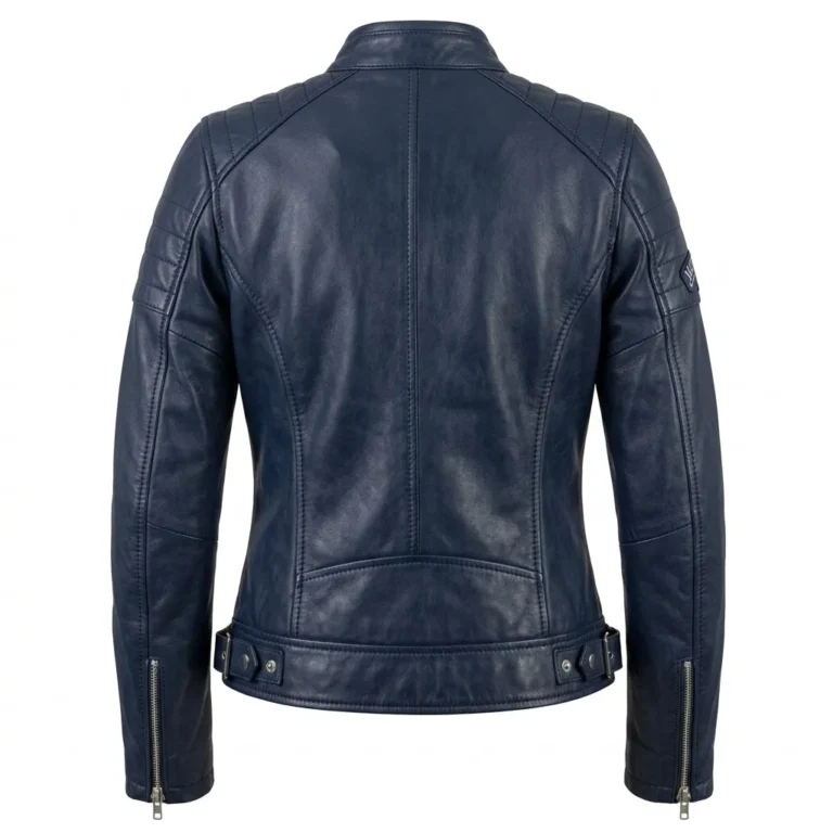 Iconic Women's Navy Blue Leather Moto Jacket Blackstone Jackets Back View