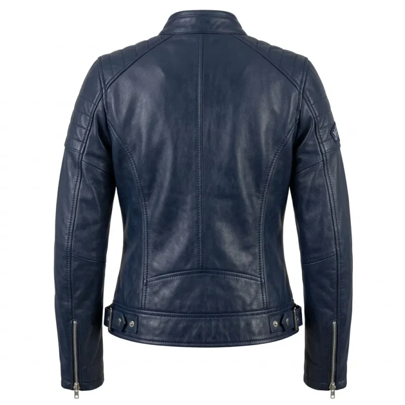 Iconic Women's Navy Blue Leather Moto Jacket Blackstone Jackets Back View
