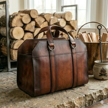 Premium Brown Genuine Leather Firewood Carrier | Blackstone Jackets