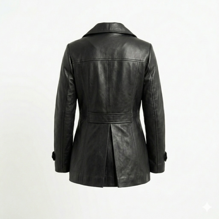 Luxury Black Leather Peacoats For Women Blackstone Jackets back view