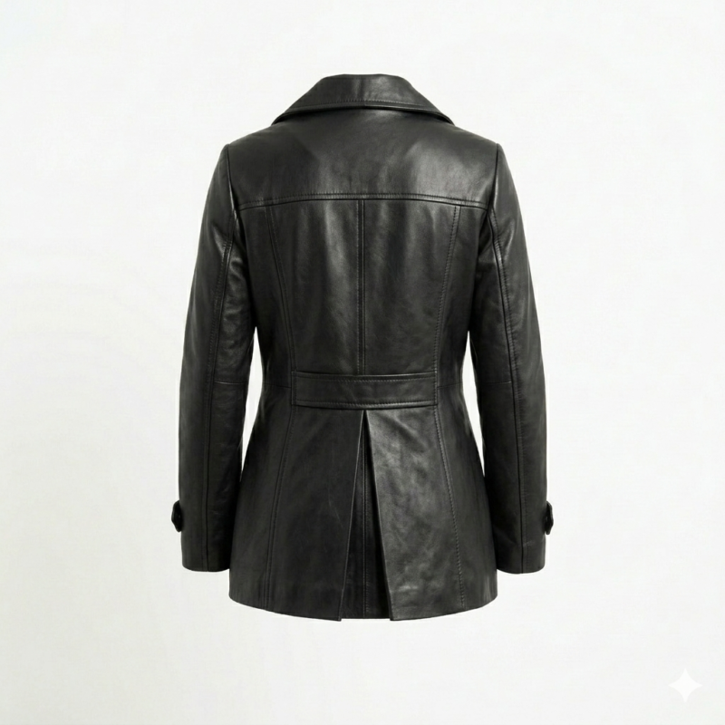 Luxury Black Leather Peacoats For Women Blackstone Jackets back view