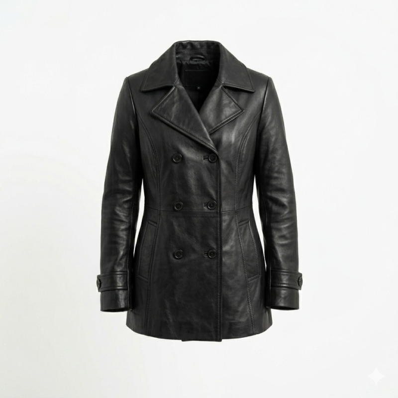 Luxury Black Leather Peacoats For Women Blackstone Jackets front view
