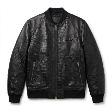 Luxury Men's Black Crocodile Embossed Genuine Bomber Leather Jacket Blackstone Jackets