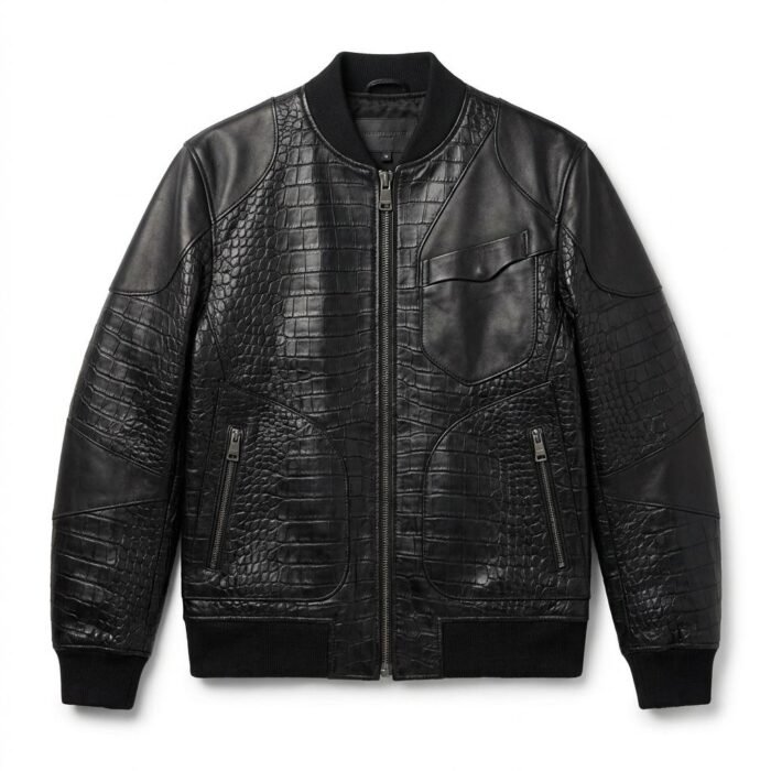 Luxury Men's Black Crocodile Embossed Genuine Bomber Leather Jacket Blackstone Jackets