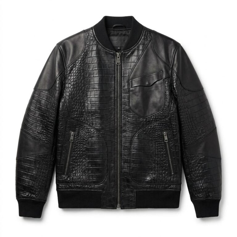 Luxury Men's Black Crocodile Embossed Genuine Bomber Leather Jacket Blackstone Jackets