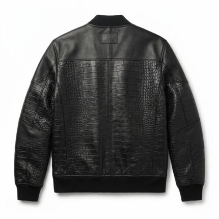 Luxury Men's Black Crocodile Embossed Genuine Bomber Leather Jacket Blackstone Jackets Back View