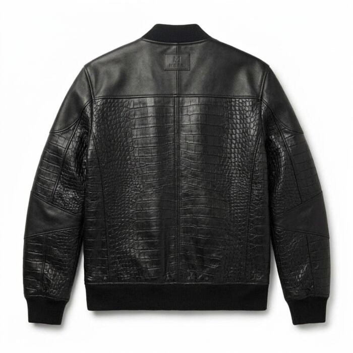 Luxury Men's Black Crocodile Embossed Genuine Bomber Leather Jacket Blackstone Jackets Back View