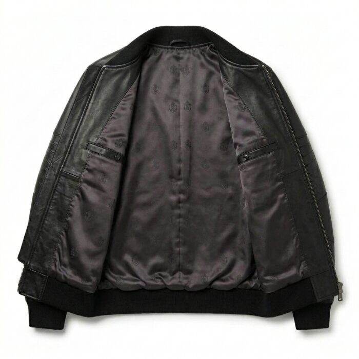 Luxury Men's Black Crocodile Embossed Genuine Bomber Leather Jacket Blackstone Jackets Inner View