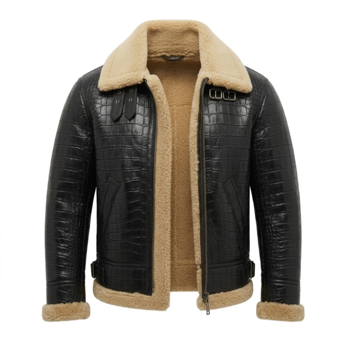 Luxury Men's Black Crocodile Embossed Leather Shearling Jacket Blackstone Jackets Luxury Men's Black Crocodile Embossed Leather Shearling Jacket Blackstone Jackets