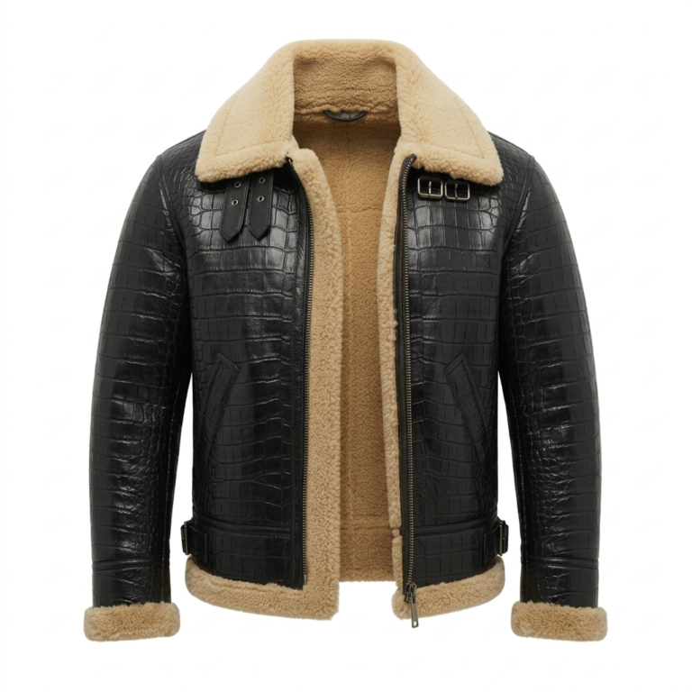 Luxury Men's Black Crocodile Embossed Leather Shearling Jacket Blackstone Jackets
