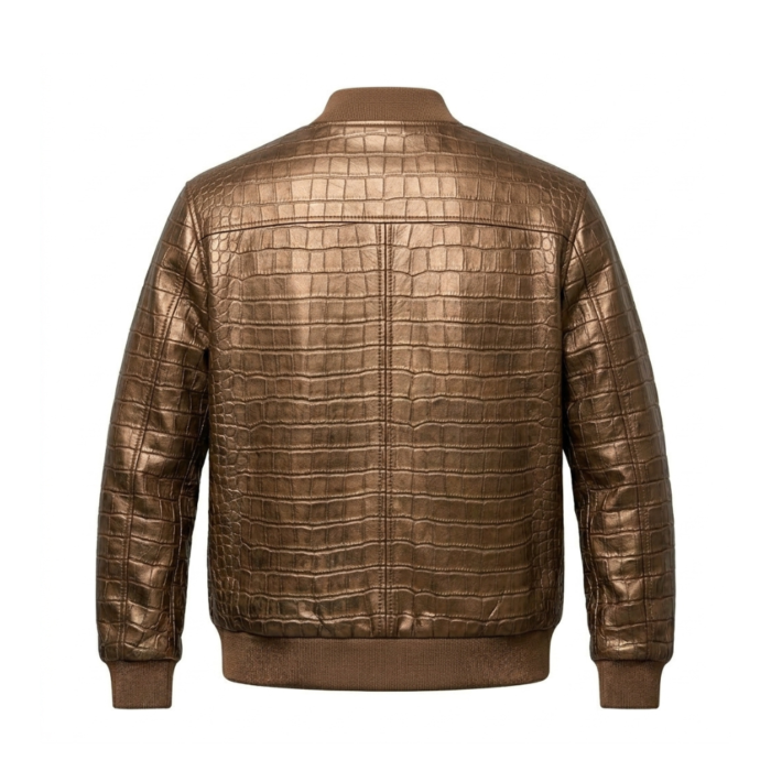 Luxury Men's Brown Crocodile Embossed Leather Jacket Blackstone Jackets Back View