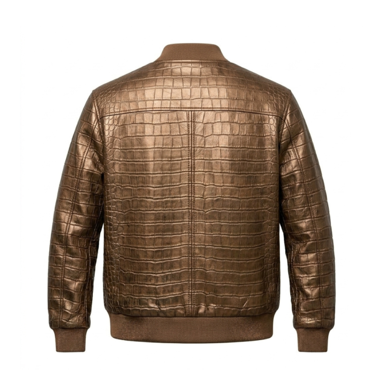 Luxury Men's Brown Crocodile Embossed Leather Jacket Blackstone Jackets Back View