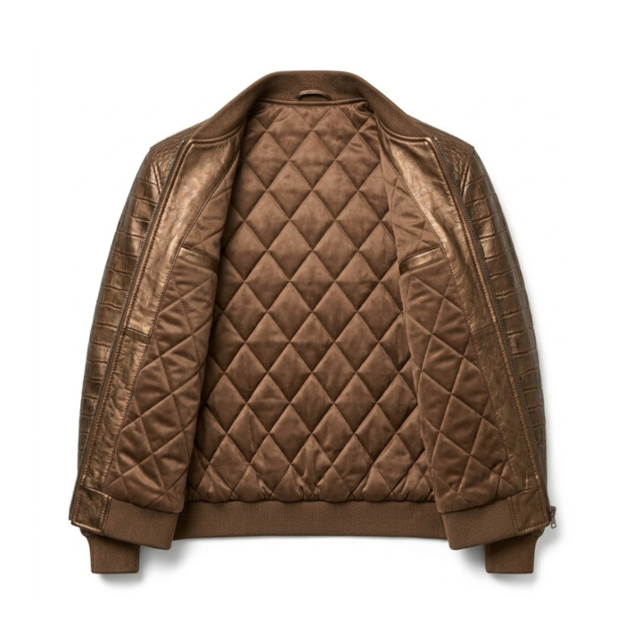 Luxury Men's Brown Crocodile Embossed Leather Jacket Blackstone Jackets Inner View