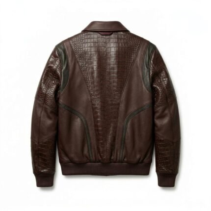 Luxury Men's Charcoal Black Crocodile Embossed Genuine Leather Jacket Blackstone Jackets Back View