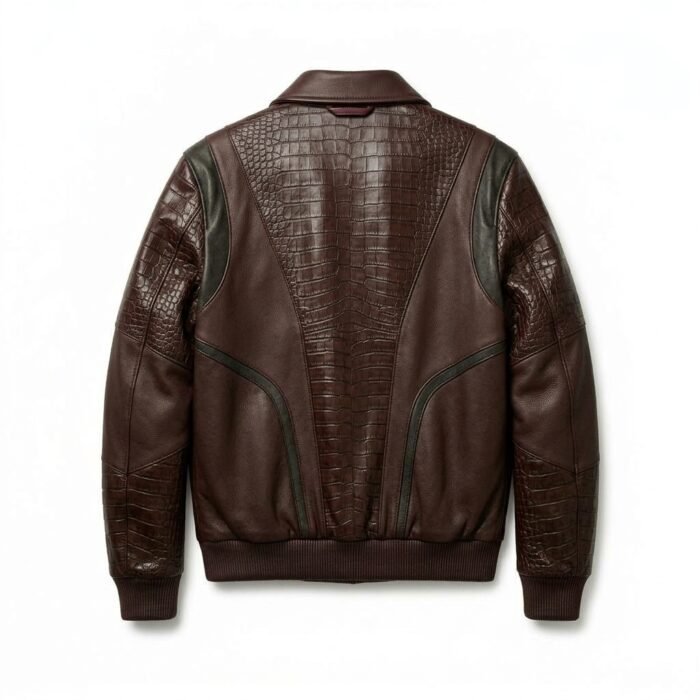 Luxury Men's Charcoal Black Crocodile Embossed Genuine Leather Jacket Blackstone Jackets Back View