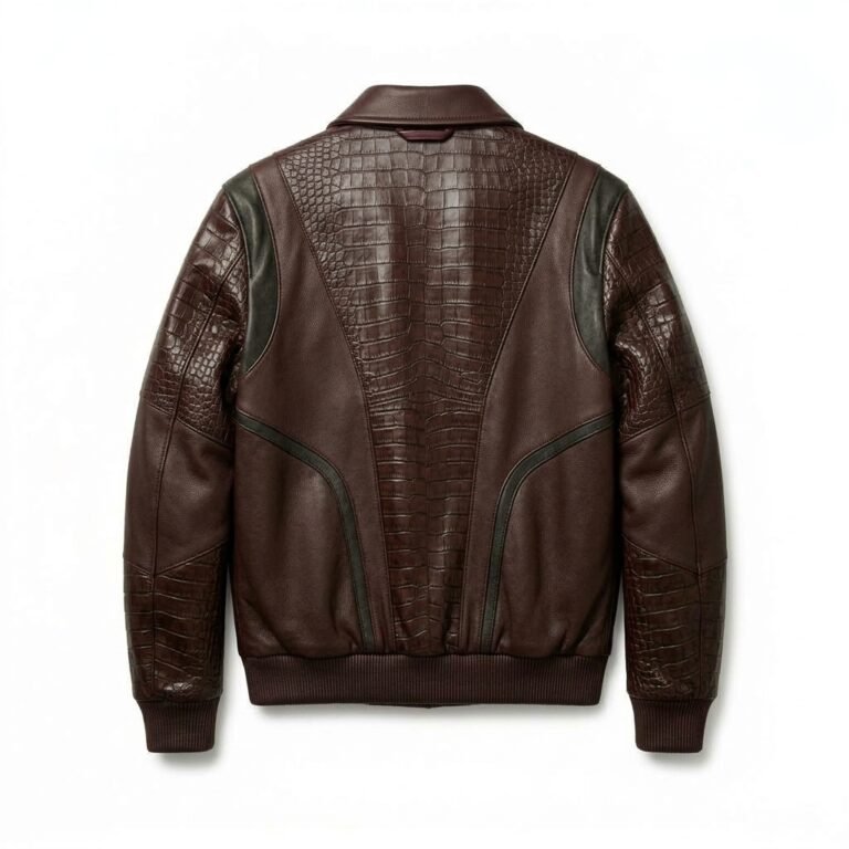 Luxury Men's Charcoal Black Crocodile Embossed Genuine Leather Jacket Blackstone Jackets Back View