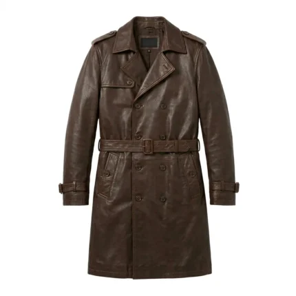 Luxury Men's Dark Brown Leather Trench Coat Sale front Blackstone Jackets