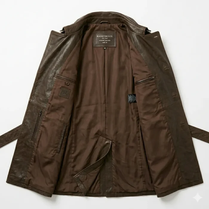Luxury Men's Dark Brown Leather Trench Coat Sale front Blackstone Jackets