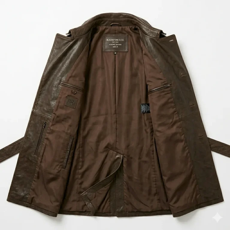 Luxury Men's Dark Brown Leather Trench Coat Sale front Blackstone Jackets