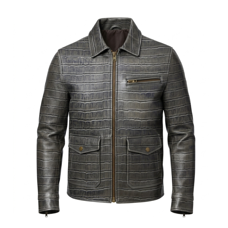 Luxury Men’s Grey Crocodile Embossed Genuine Cowhide Biker Vintage Style Leather Jacket Blackstone Jackets
