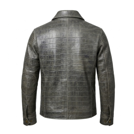 Luxury Men’s Grey Crocodile Embossed Genuine Cowhide Biker Vintage Style Leather Jacket Blackstone Jackets Back View