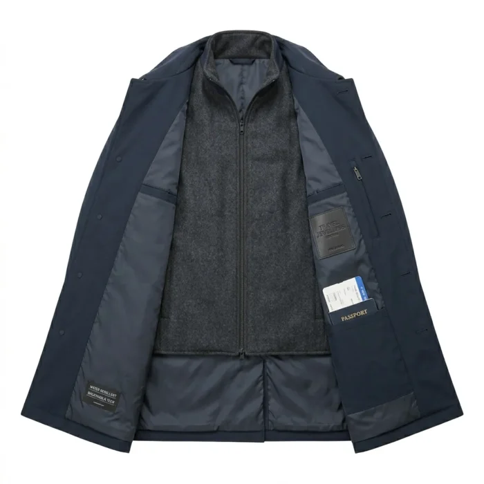 Luxury Men's Navy Blue Synthetic Technical Overcoat For Sale back Blackstone Jackets