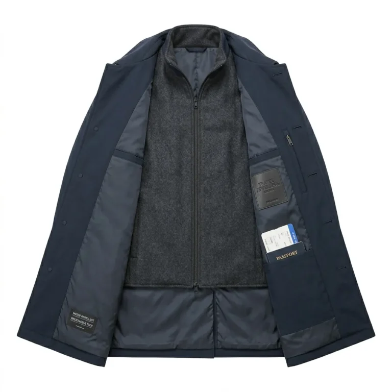 Luxury Men's Navy Blue Synthetic Technical Overcoat For Sale back Blackstone Jackets