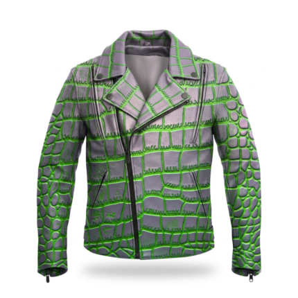 Luxury Men's Silver Neon Green Crocodile Embossed Leather Jacket Blackstone Jackets