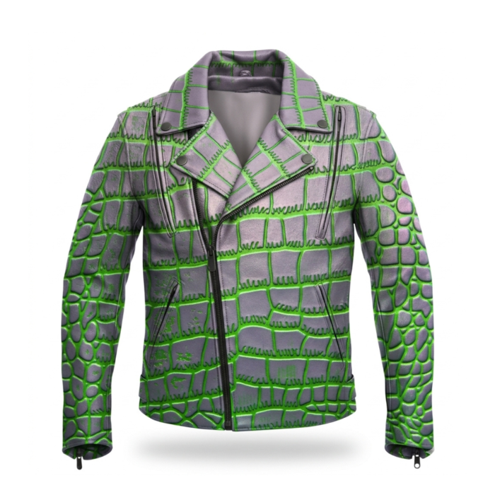 Luxury Men's Silver Neon Green Crocodile Embossed Leather Jacket Blackstone Jackets