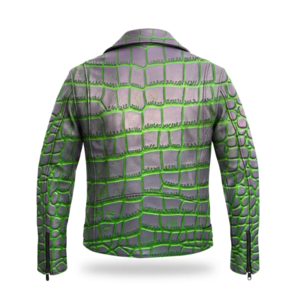 Luxury Men's Silver Neon Green Crocodile Embossed Leather Jacket Blackstone Jackets Back View