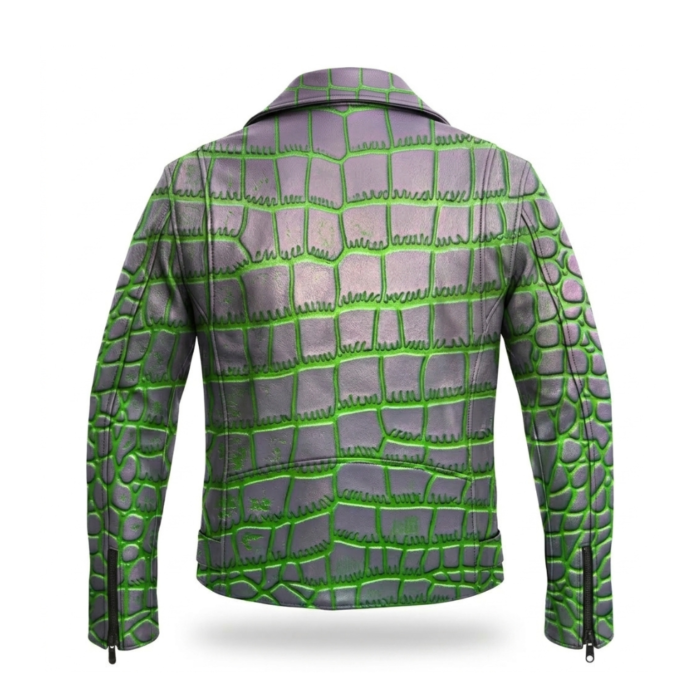 Luxury Men's Silver Neon Green Crocodile Embossed Leather Jacket Blackstone Jackets Back View