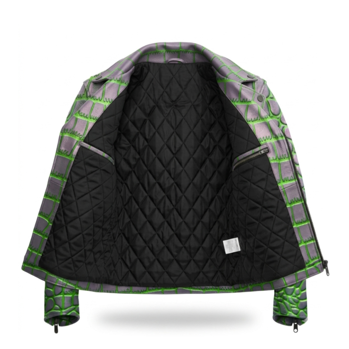 Luxury Men's Silver Neon Green Crocodile Embossed Leather Jacket Blackstone Jackets Inner View