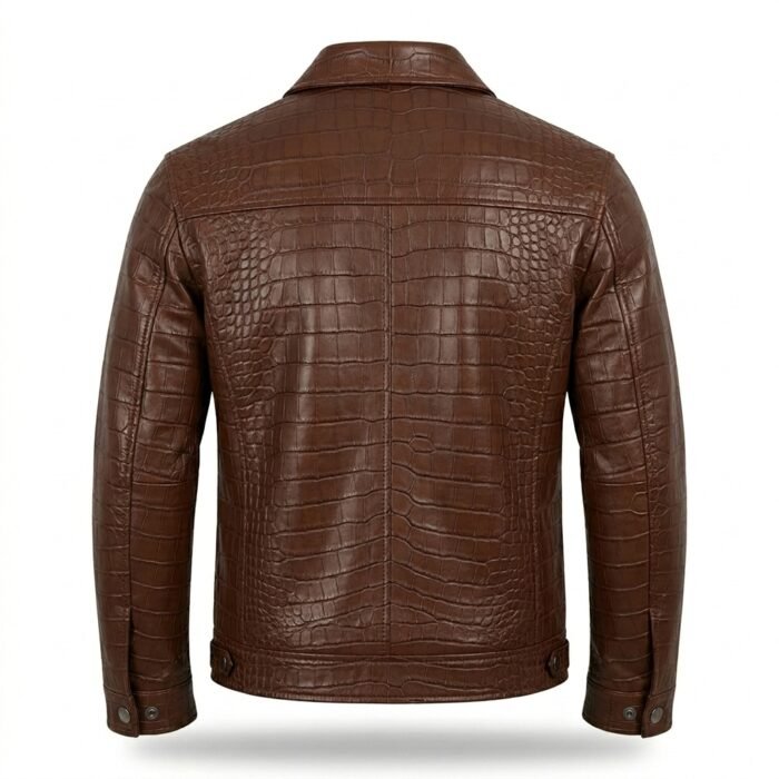 Men’s Brown Crocodile Embossed Genuine Leather Jacket Premium Winter Outerwear Blackstone Jackets Back View