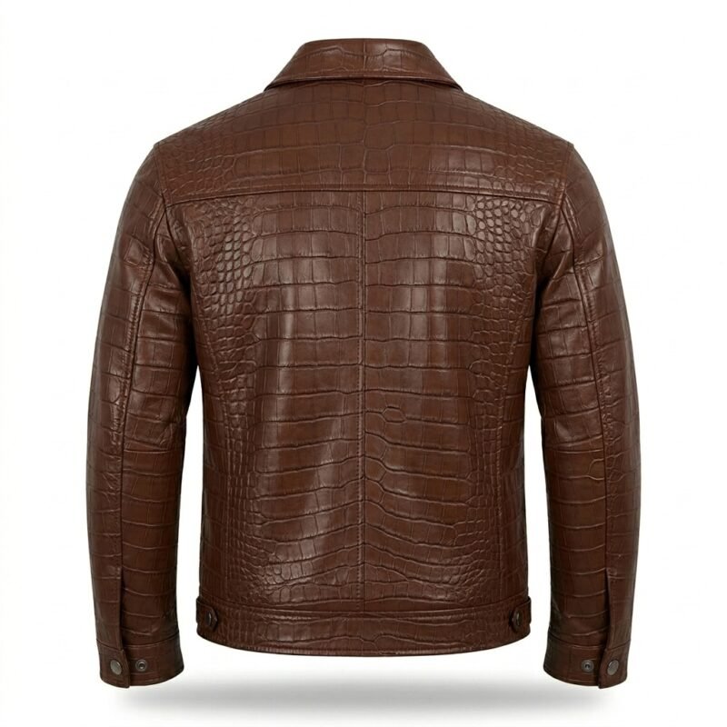 Men’s Brown Crocodile Embossed Genuine Leather Jacket Premium Winter Outerwear Blackstone Jackets Back View