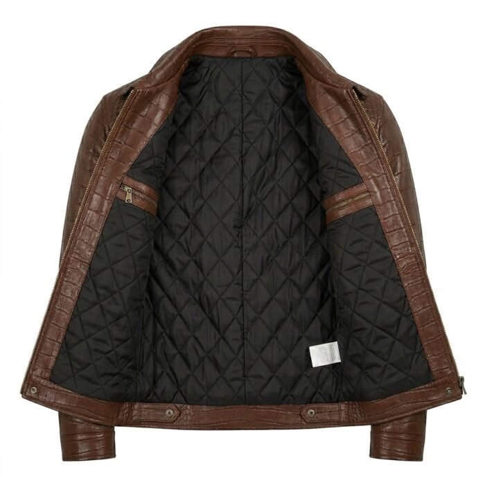 Men’s Brown Crocodile Embossed Genuine Leather Jacket Premium Winter Outerwear Blackstone Jackets Inner View