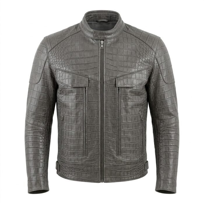 Men’s Grey Crocodile Embossed Genuine Leather Jacket Premium Winter Outerwear Blackstone Jackets