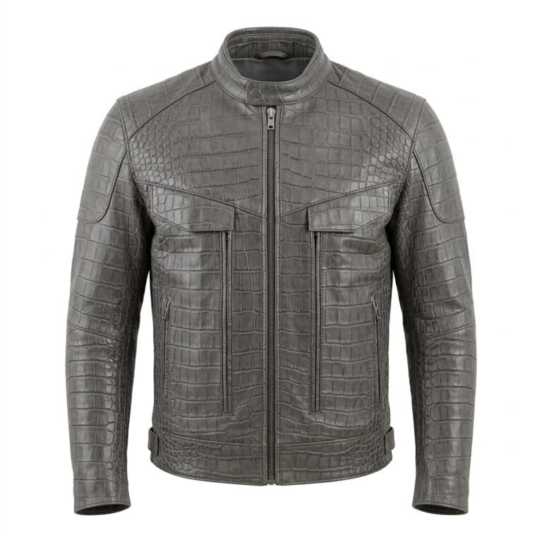 Men’s Grey Crocodile Embossed Genuine Leather Jacket Premium Winter Outerwear Blackstone Jackets