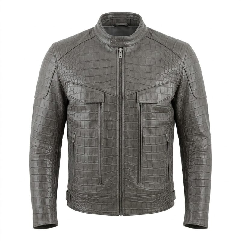 Men’s Grey Crocodile Embossed Genuine Leather Jacket Premium Winter Outerwear Blackstone Jackets