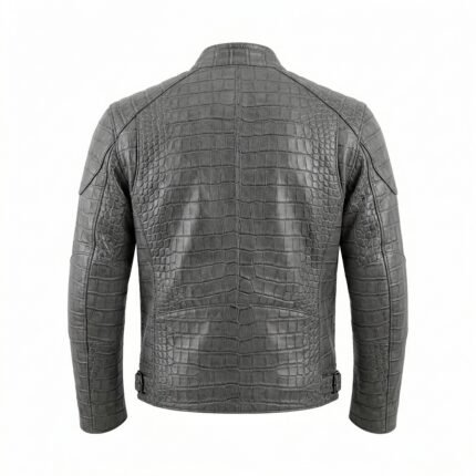 Men’s Grey Crocodile Embossed Genuine Leather Jacket Premium Winter Outerwear Blackstone Jackets Back View
