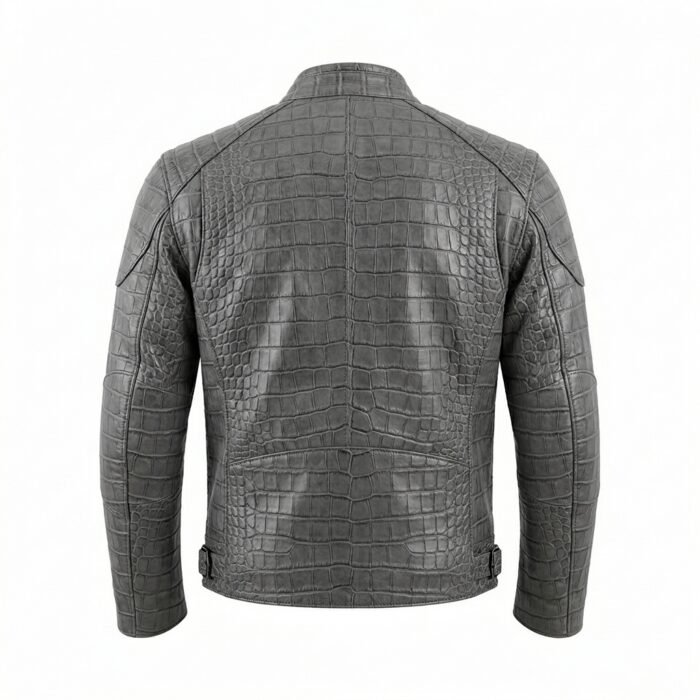 Men’s Grey Crocodile Embossed Genuine Leather Jacket Premium Winter Outerwear Blackstone Jackets Back View