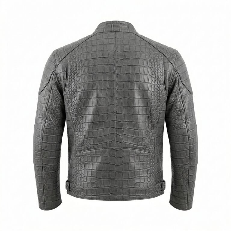 Men’s Grey Crocodile Embossed Genuine Leather Jacket Premium Winter Outerwear Blackstone Jackets Back View
