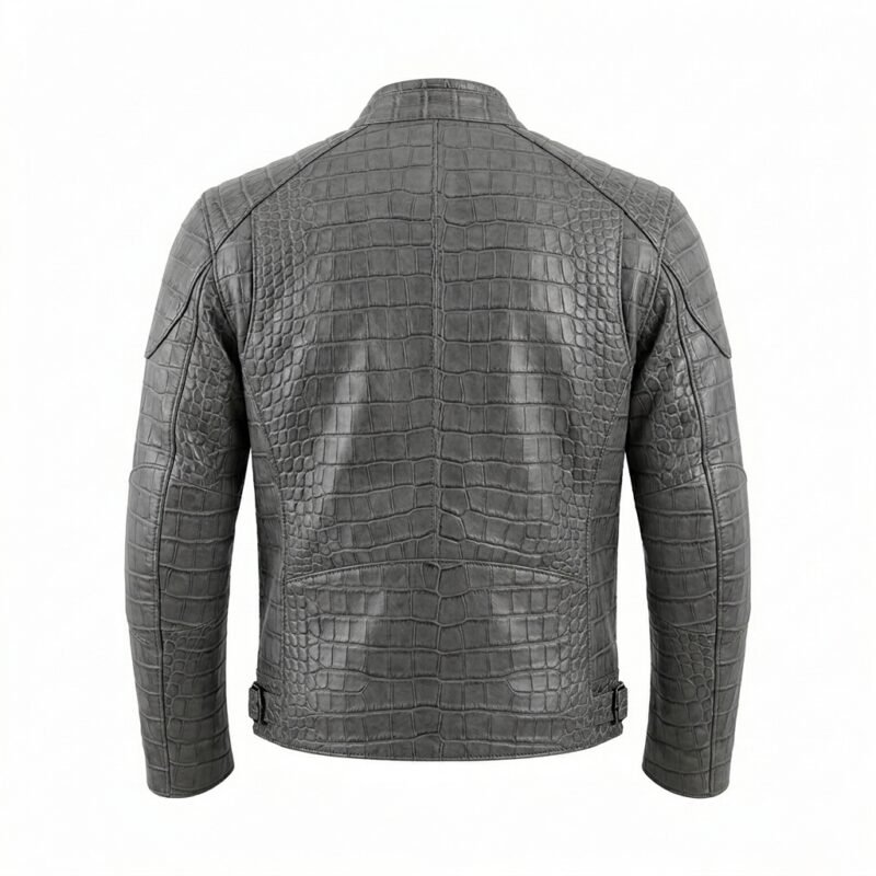 Men’s Grey Crocodile Embossed Genuine Leather Jacket Premium Winter Outerwear Blackstone Jackets Back View