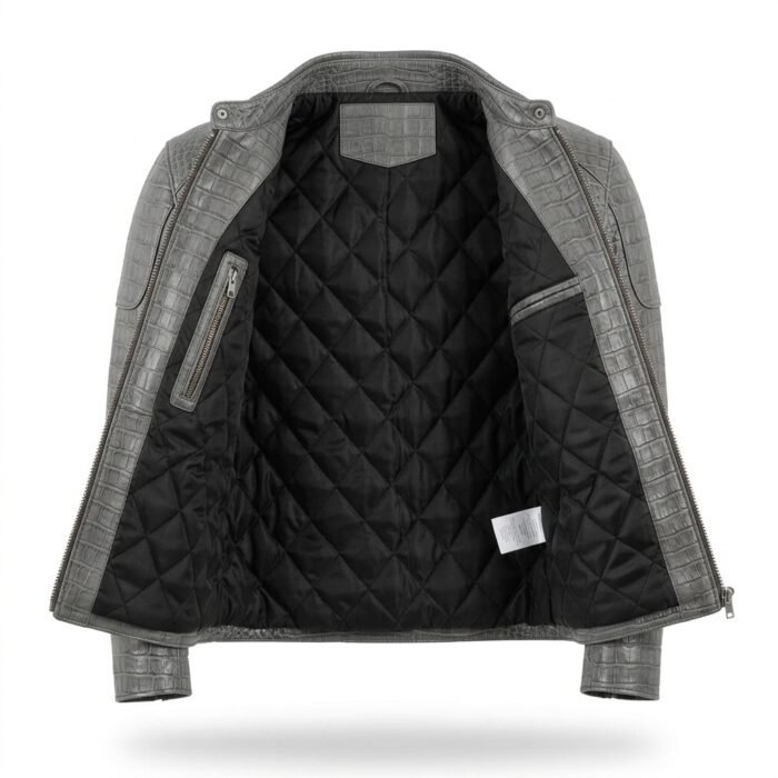Men’s Grey Crocodile Embossed Genuine Leather Jacket Premium Winter Outerwear Blackstone Jackets Inner View