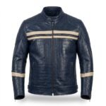 Men's Luxury Navy Blue Crocodile Embossed Real Leather Jacket Blackstone Jackets