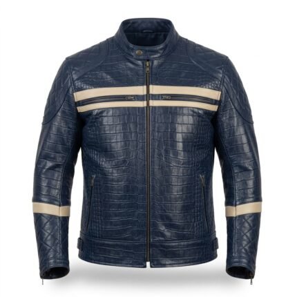 Men's Luxury Navy Blue Crocodile Embossed Real Leather Jacket Blackstone Jackets