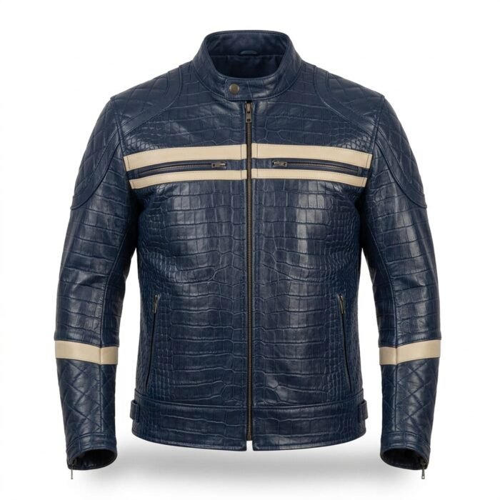 Men's Luxury Navy Blue Crocodile Embossed Real Leather Jacket Blackstone Jackets