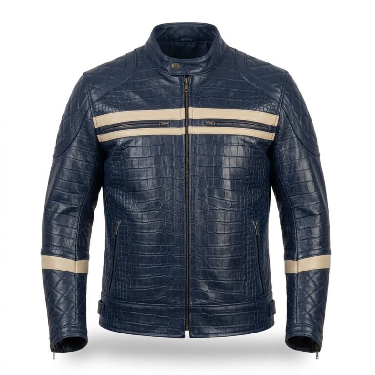 Men's Luxury Navy Blue Crocodile Embossed Real Leather Jacket Blackstone Jackets