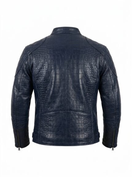 Men's Luxury Navy Blue Crocodile Embossed Real Leather Jacket Blackstone Jackets Back View