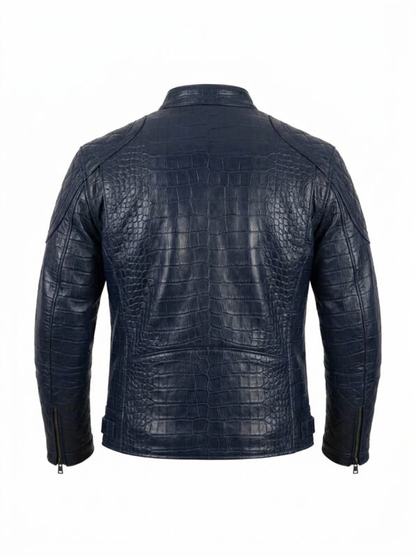 Men's Luxury Navy Blue Crocodile Embossed Real Leather Jacket Blackstone Jackets Back View